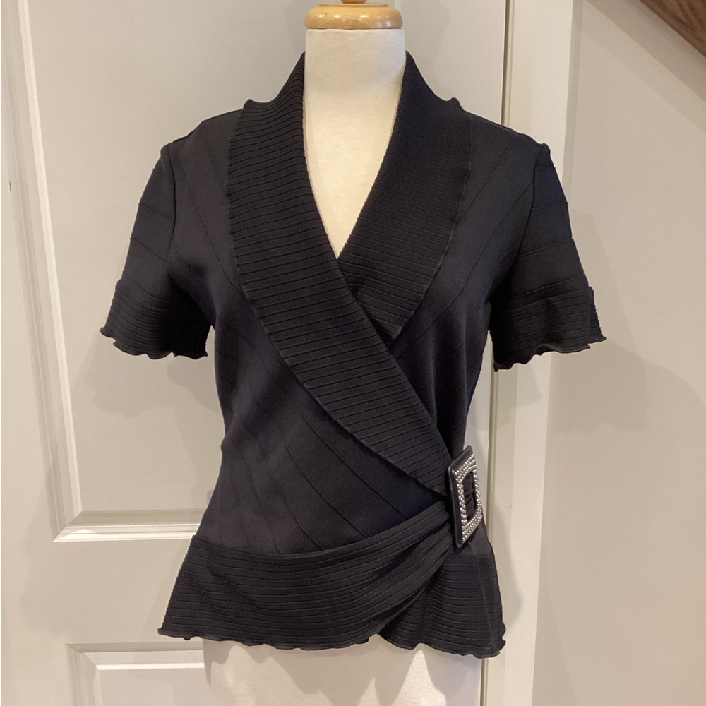 Joseph Ribkoff Black Flutter Sleeve Wrap Blouse
